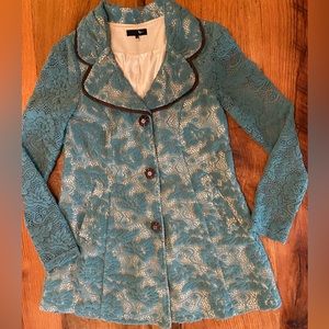 Anthropologie Ryu Boho Turquoise Lace Lined Coat, Chocolate Brown Trim, Sz Small